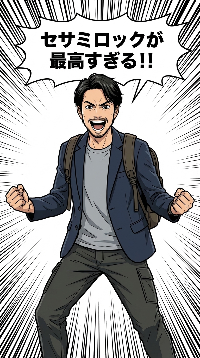 Excited Man Shouting with Clenched Fists in Manga Style