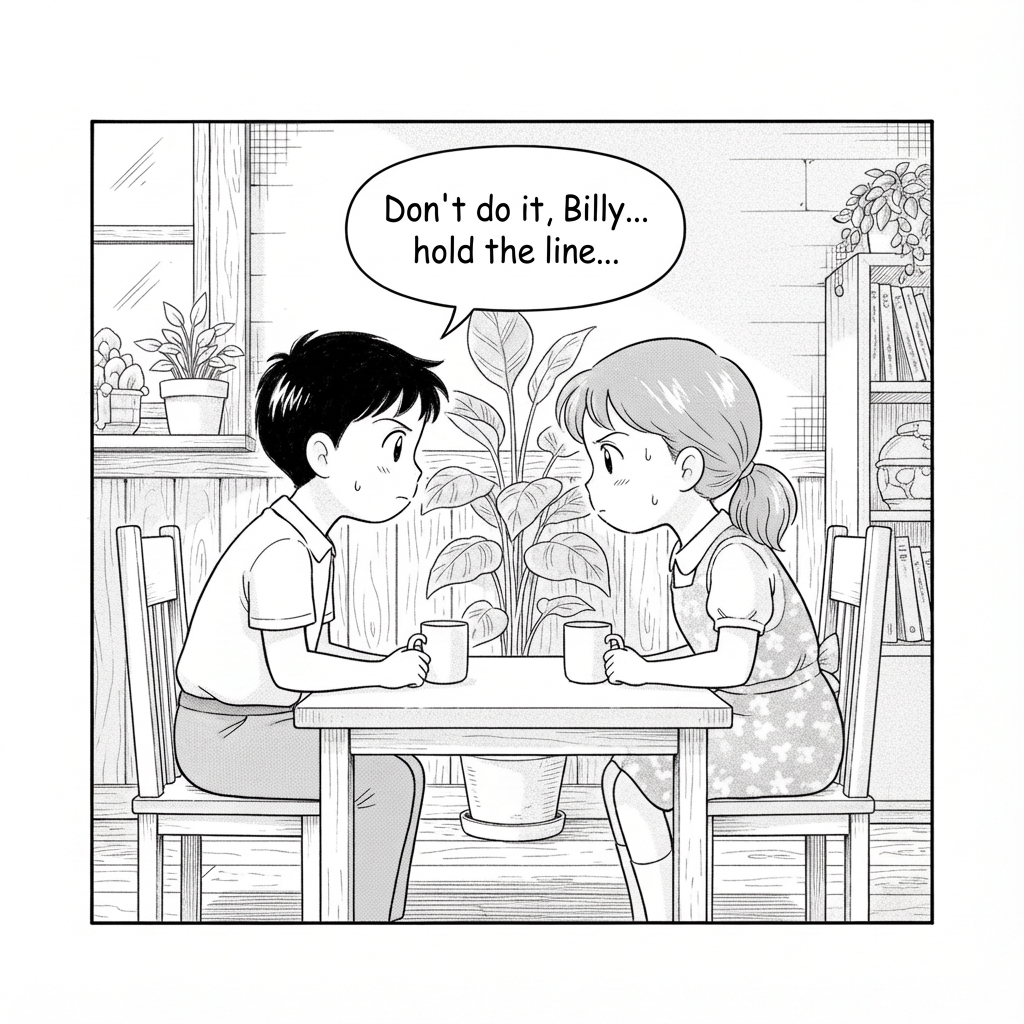 Two children are sitting at a table, faces inches apart, locked in an intense staring contest. Dokkin is peeking from behind a nearby houseplant, looking incredibly serious.