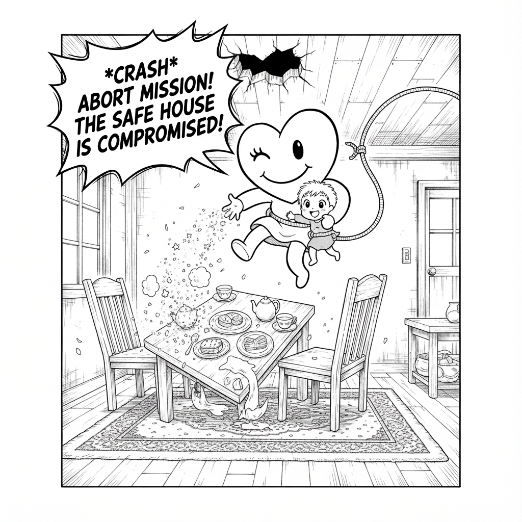 Dokkin has burst through the ceiling on a bungee cord, snatching the blinking child around the waist and kicking the table over. In their other hand, Dokkin is throwing handfuls of glitter as a 'smoke screen'.