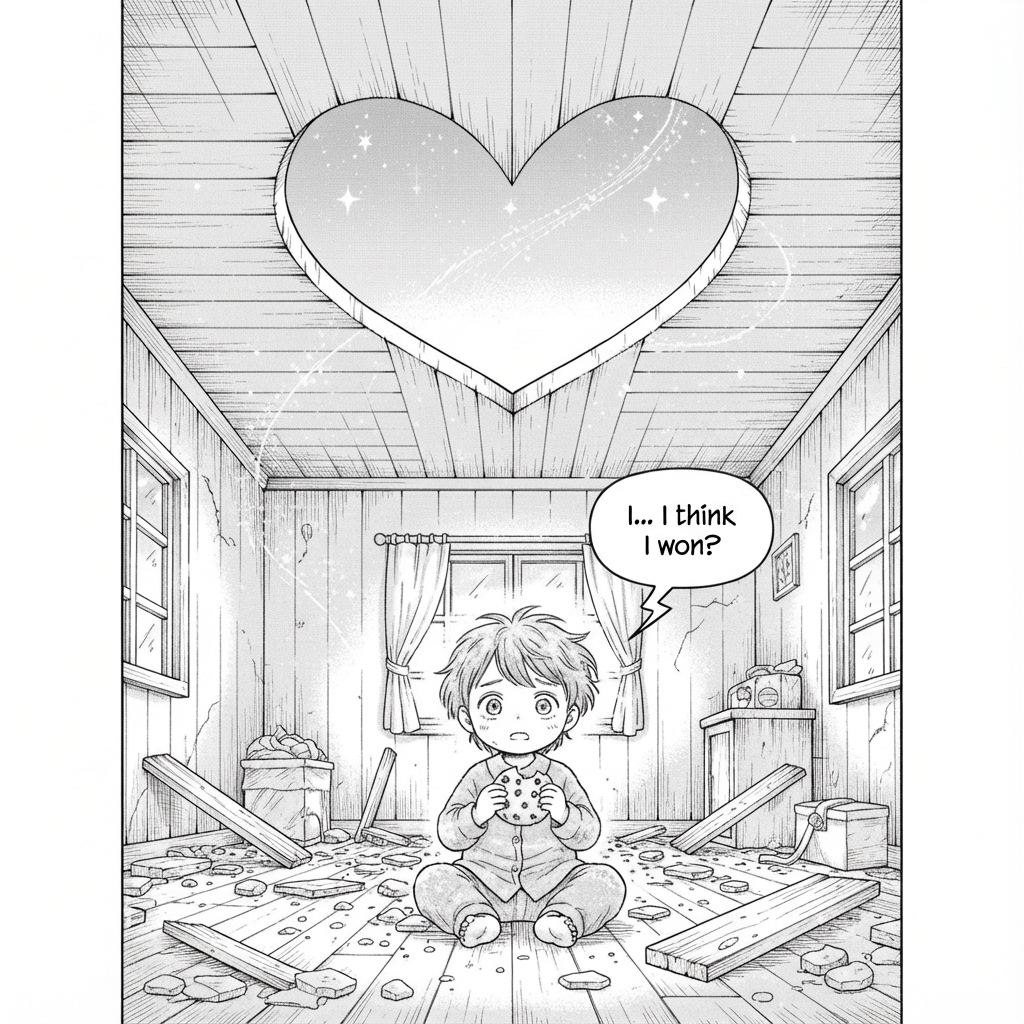 Dokkin and the child are gone, leaving a giant heart-shaped hole in the ceiling. The other child is left sitting alone in the wreckage, covered in glitter and holding a half-eaten cookie.